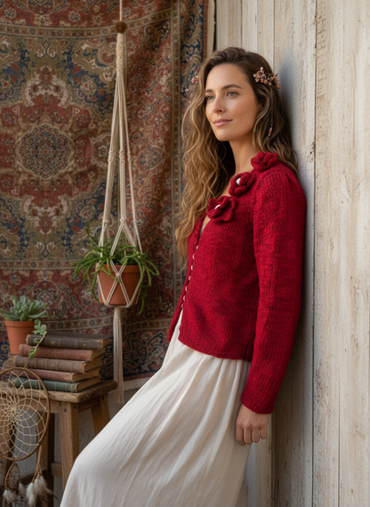 Crimson Cardigan Three-Quarter View