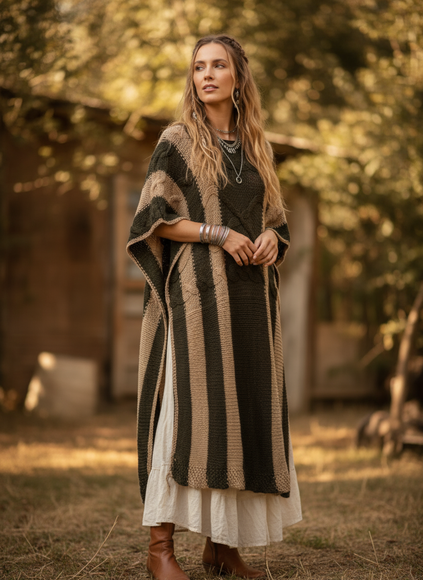 Desert Stripes Poncho Three-Quarter View
